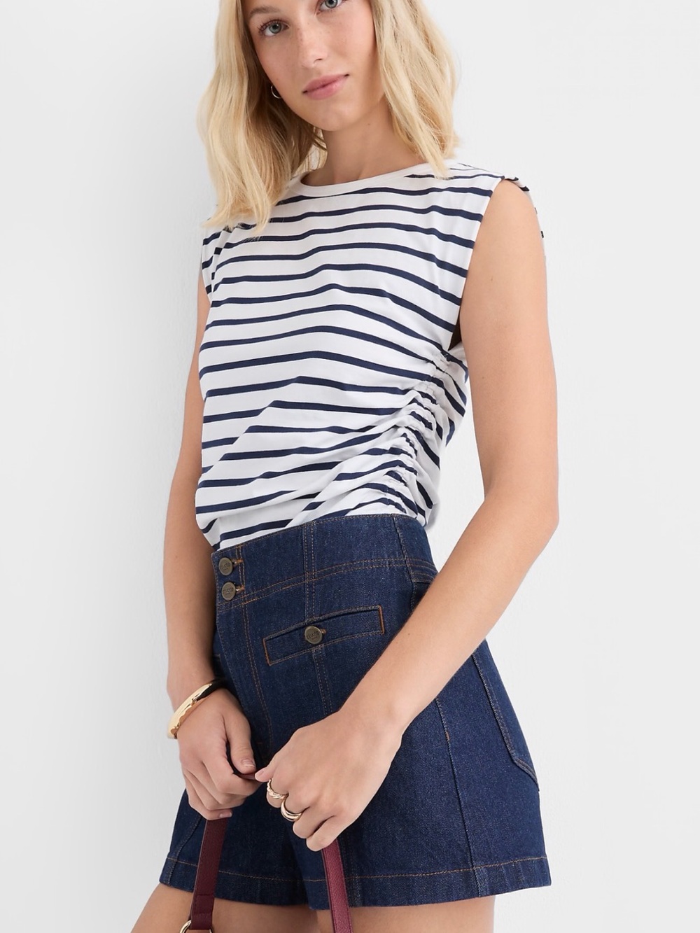 NWOT LOFT White and Navy Striped Ruched Side Tank